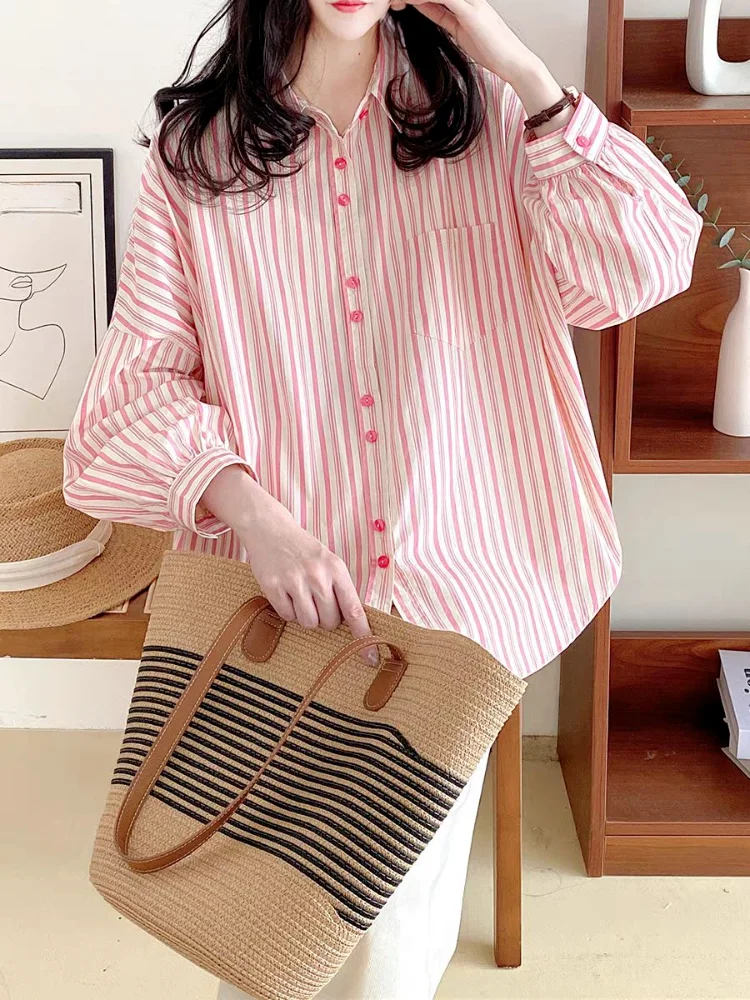 Women Shirt Cotton Red Stripe Long Sleeve Shirts Loose Casual Lapel Blouses Single Breasted Female Tops Spring Summer 2024 New