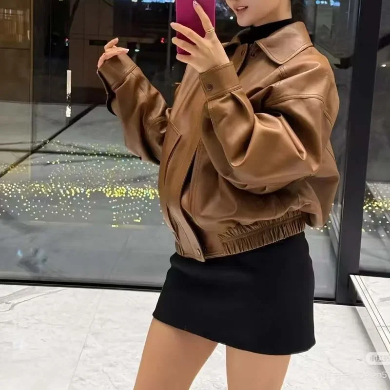 짧은 길이 2025 새로운 패션 여성 코트 봄 가을 드롭 어깨 슬리브 자연 진짜 양피 느슨한 옷