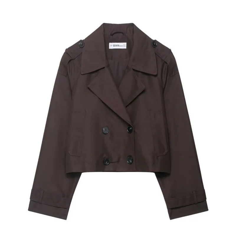 

TRAF Double Breasted Short Trench Coat Women Casual Long Sleeve Lapel Women Short Jacket 2025 Autumn Female Jackets