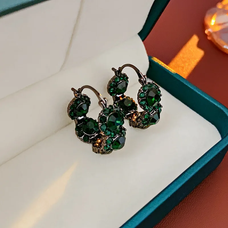 Rhinestone Emerald U Hoop Earrings for Women French Vintage Fashion Temperament Earring Luxury Jewelry Manufacturers Wholesale
