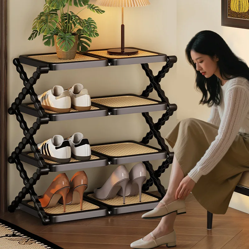 

*/-Rattan Folding Shoe Rack High Value Dormitory Porch Multi-layer Rack Medium Ancient Style Simple And Easy To Install New Shoe