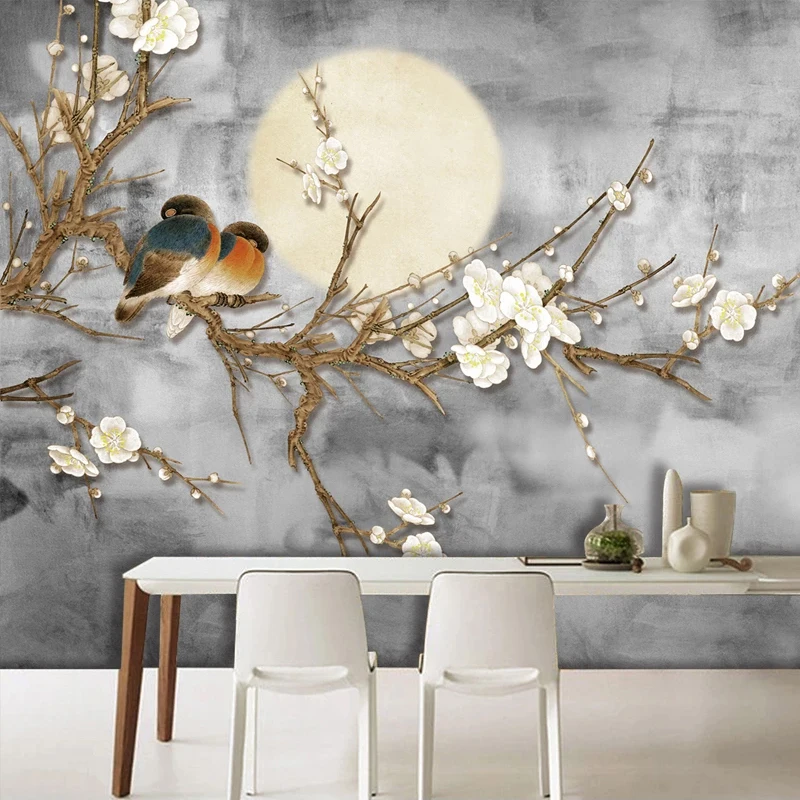 Custom 3D Photo Retro New Chinese Style Hand Painted Moon Flowers Birds Wall Murals Bedroom Living Room Decor Wallpaper Fresco