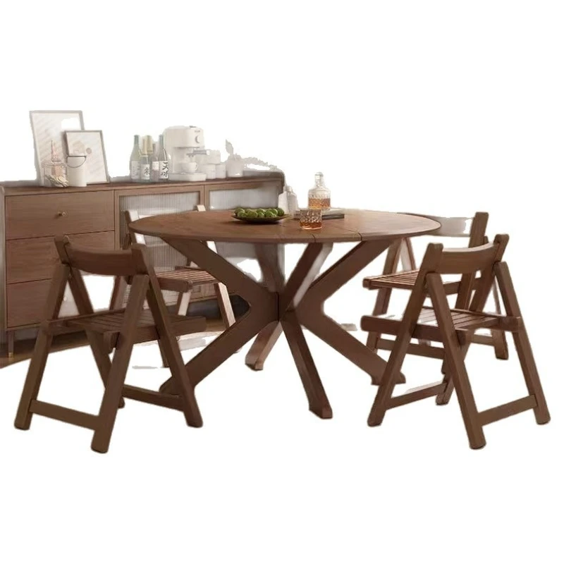 

Round modern simple folding table, small apartment solid wood dining table and chair combination