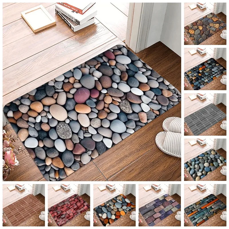 Stones and Floor Tiles Printing Non-Slip Small Rug Waterproof Easy To Clean Floor Mat for Indoor Outdoor Use Durable Home Decor