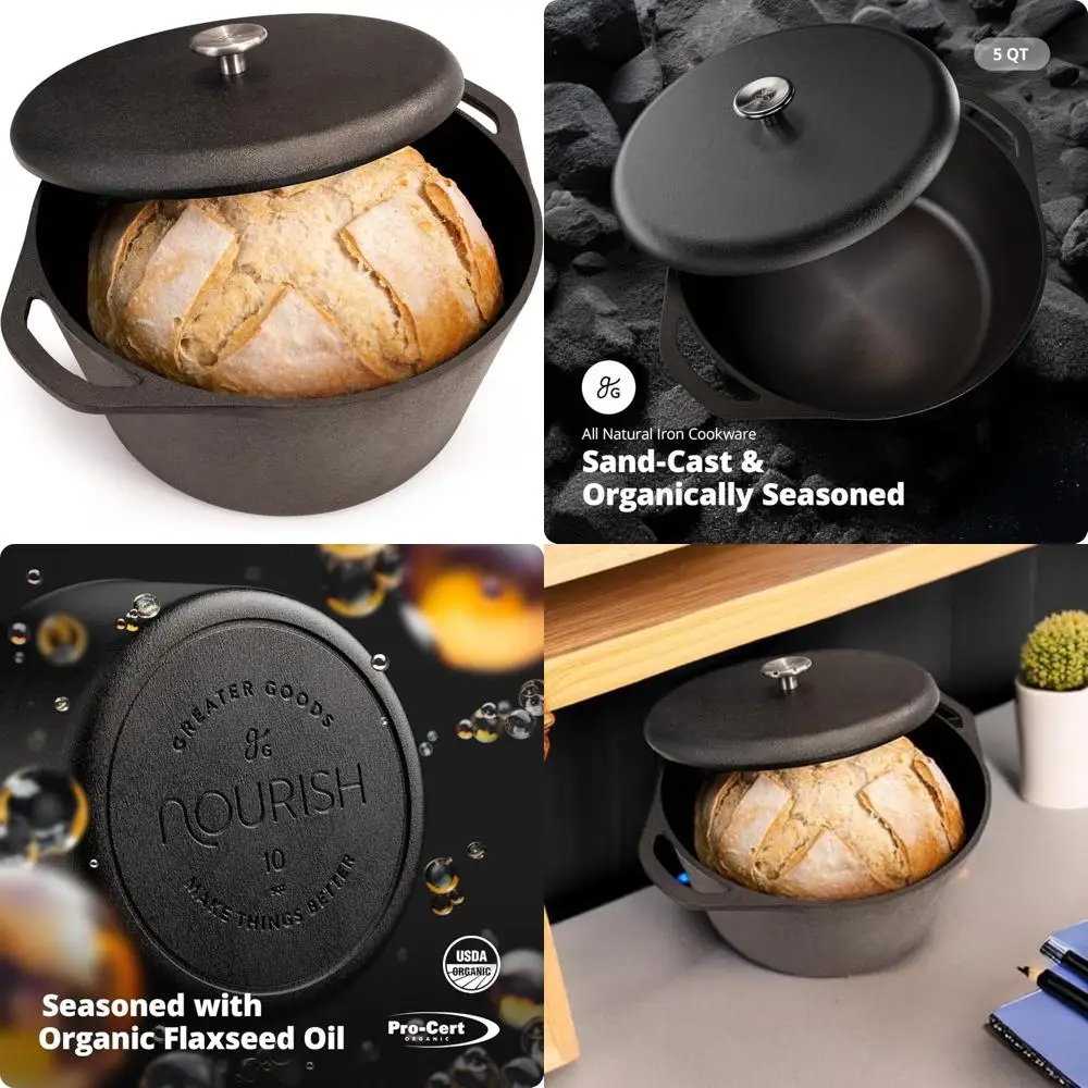 

10-Inch Cast Iron Dutch Oven, 5 Quarts, Large Cooking Pot with Lid, Heavy Duty Ovenware for Outdoor Cooking and Baking