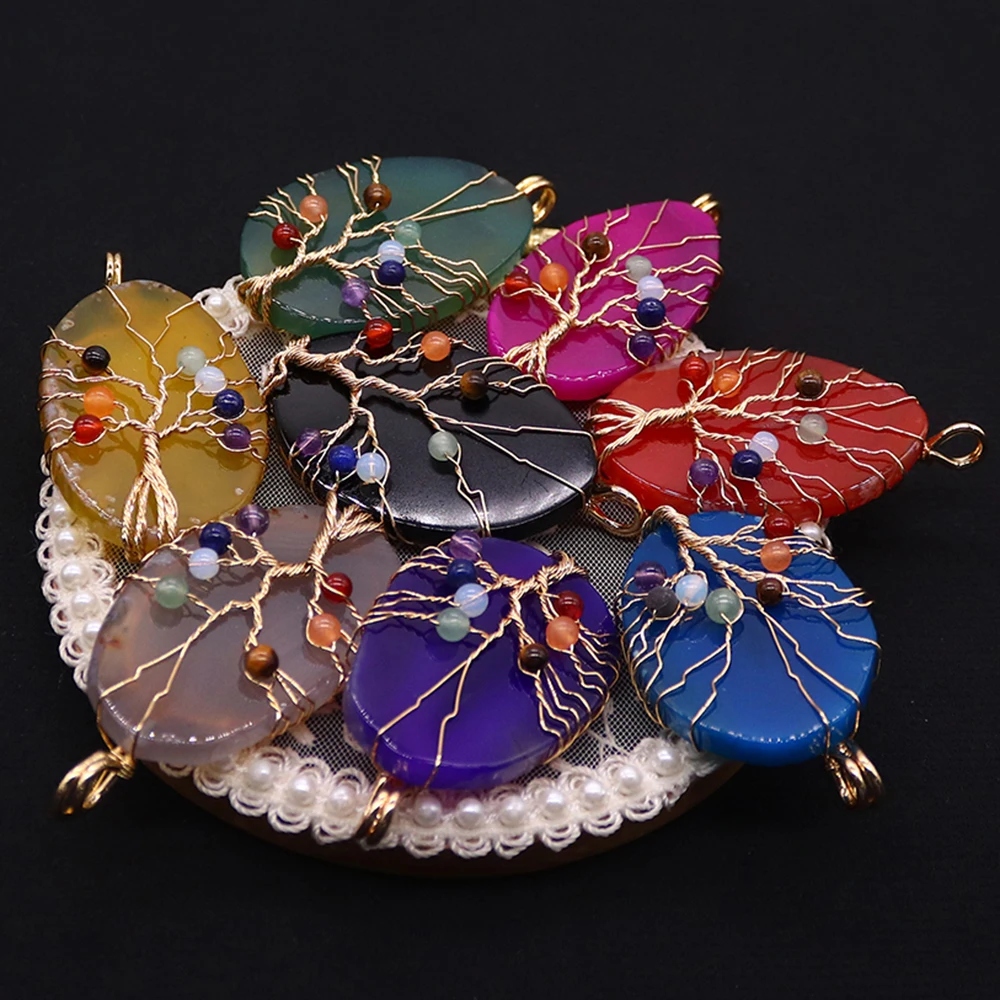 Creative Polished Oval Colorful Agate Slice Natural Stone Single Hole Loose Bead Pendants Hand Wire Wrapping DIY Charms Jewelry