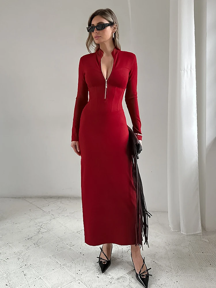 JULISSA MO Sexy Deep V-neck Zipper Women Maxi Dress Long Sleeve High Slit Dress Female Autumn Skinny Elegant Party Clubwear 2024