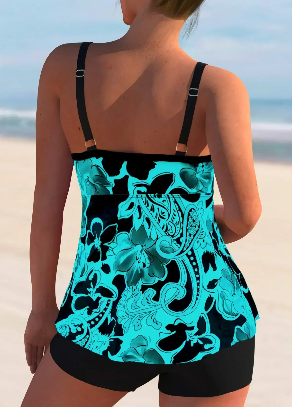 New Summer Women's Swimsuits Seaside Resort Style Ink Plum Blossom Print Top Shorts Swimsuit Two-piece Set S-6XL