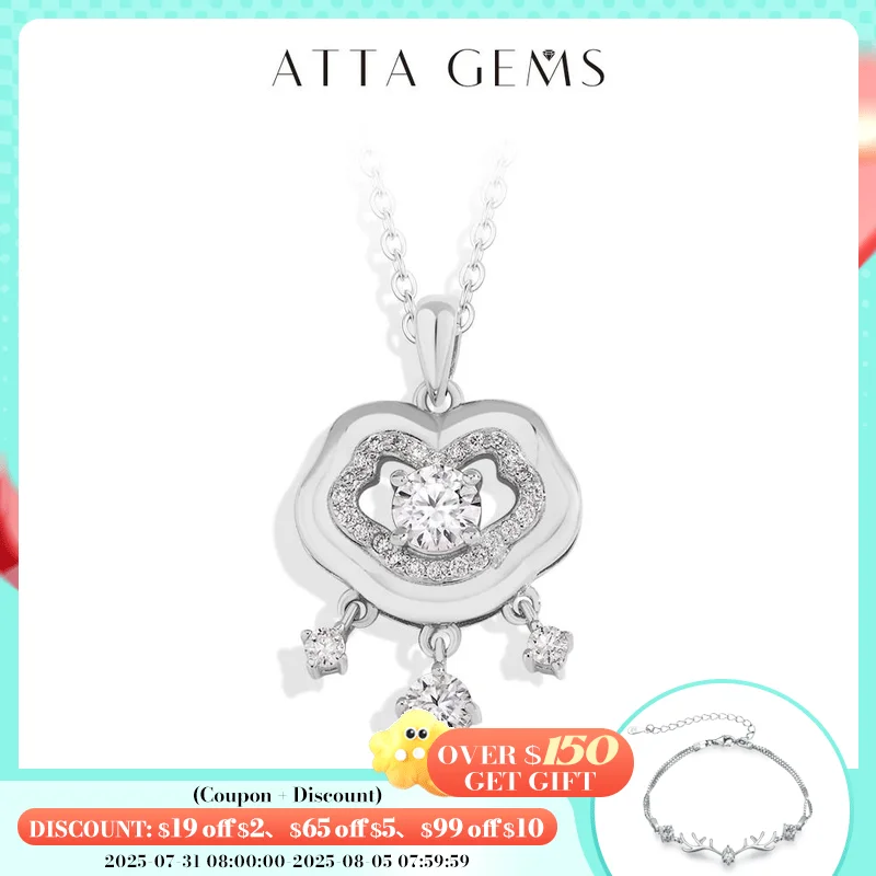 

ATTAGEMS Real 925 Silver Moissanite Pendant Necklace for Women Men Chinese Lock Birthday Party Anniversary Gift With Health Luck