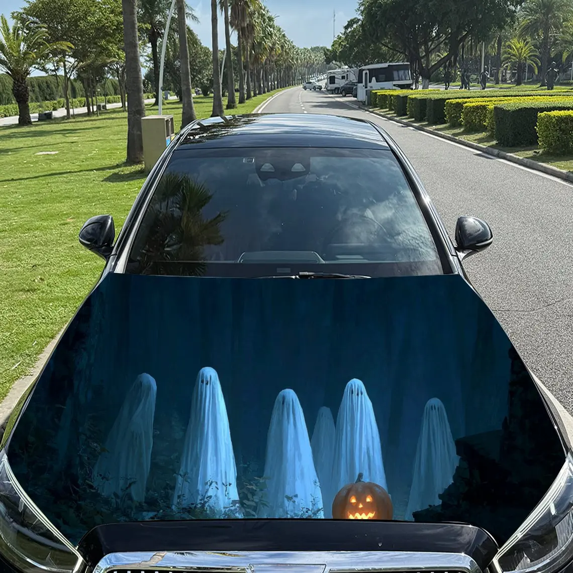 

Ghost group and pumpkin Car Hood Stickers - Self-Adhesive, Waterproof and Durable Vinyl Wrap, Decorate And Protect Your Car, Fit