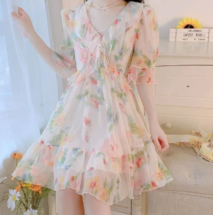 Vestido urbano de estilo francés para mujer, vestido elegante de estilo de hadas con estampado Floral fresco, cuello en V, manga corta, cintura alta, corte en A