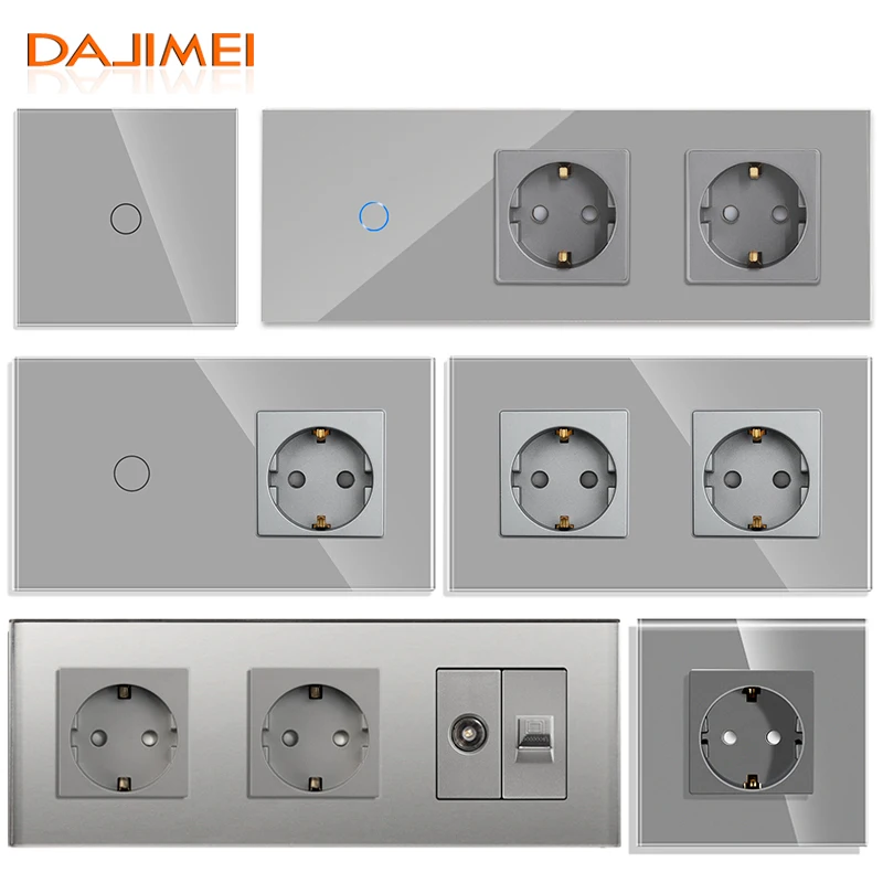 Sajemei Abu-abu CAT6 Rj45 Sakelar Sentuh Lampu Soket TV dan Soket Panel Kaca Kristal Colokan Outlet Elektrik untuk Peningkatan Rumah