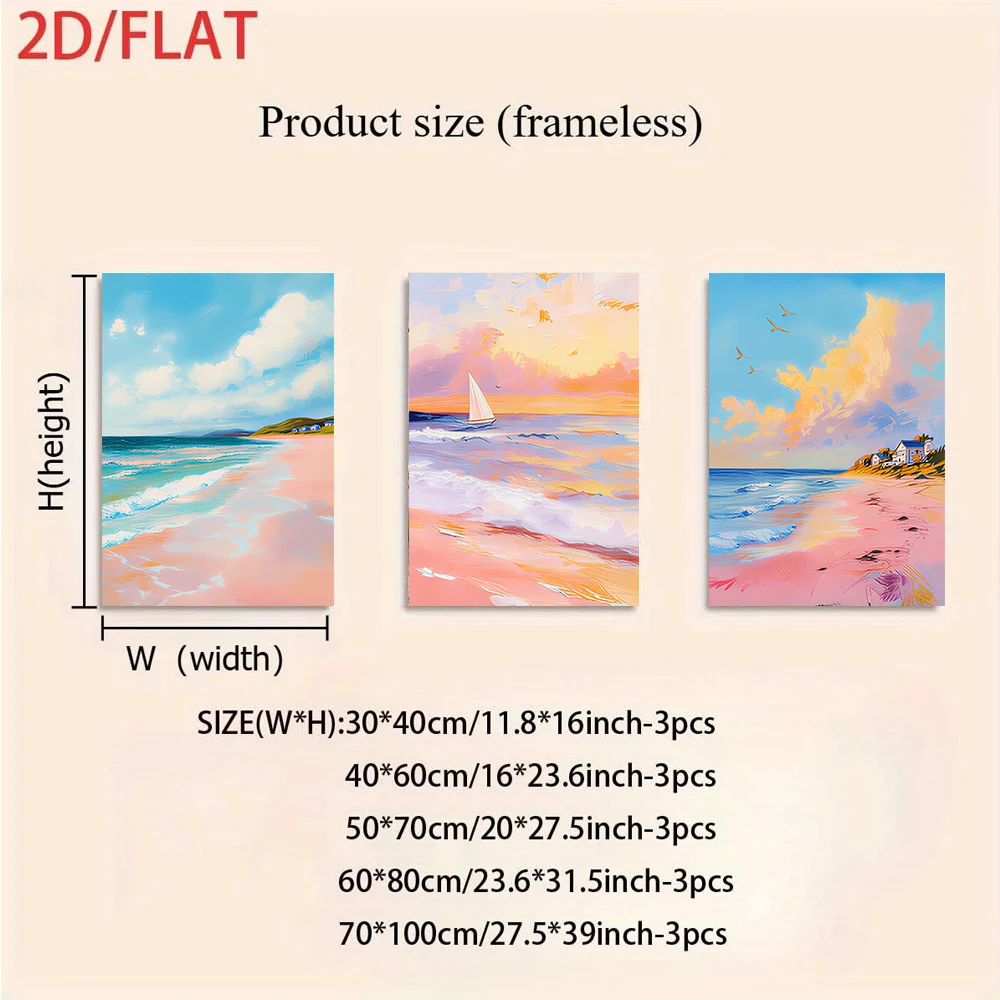 (3PCS Unframe)1 Set triptych frameless Beach Seascape Wall Art, Modern Min Living Room Bedroom, Sailboat Sunrise Landscape Oil P