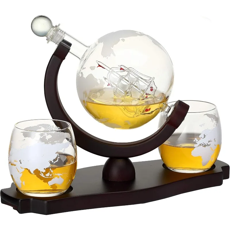 

Whiskey Globe Decanter Set with 2 Etched Globe Glasses in Gift Box - Home Bar Accessories for Liquor, Whiskey, Brandy, Gin,