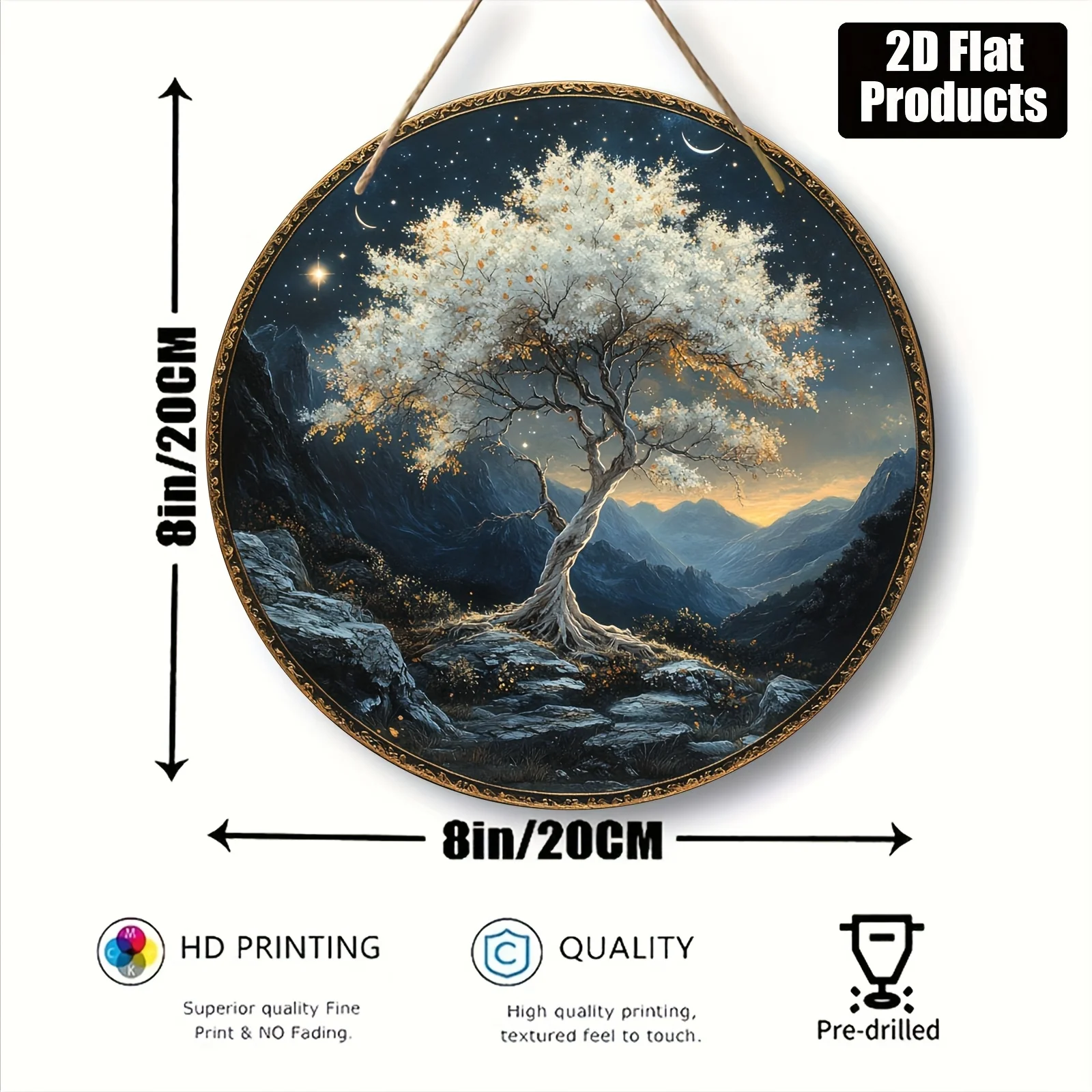 2D Flat, Round Wooden Plaque Decorative Sign, Tree of Life Mandala Theme, Suitable for Bar Kitchen Cafe Home Room Office Decorat