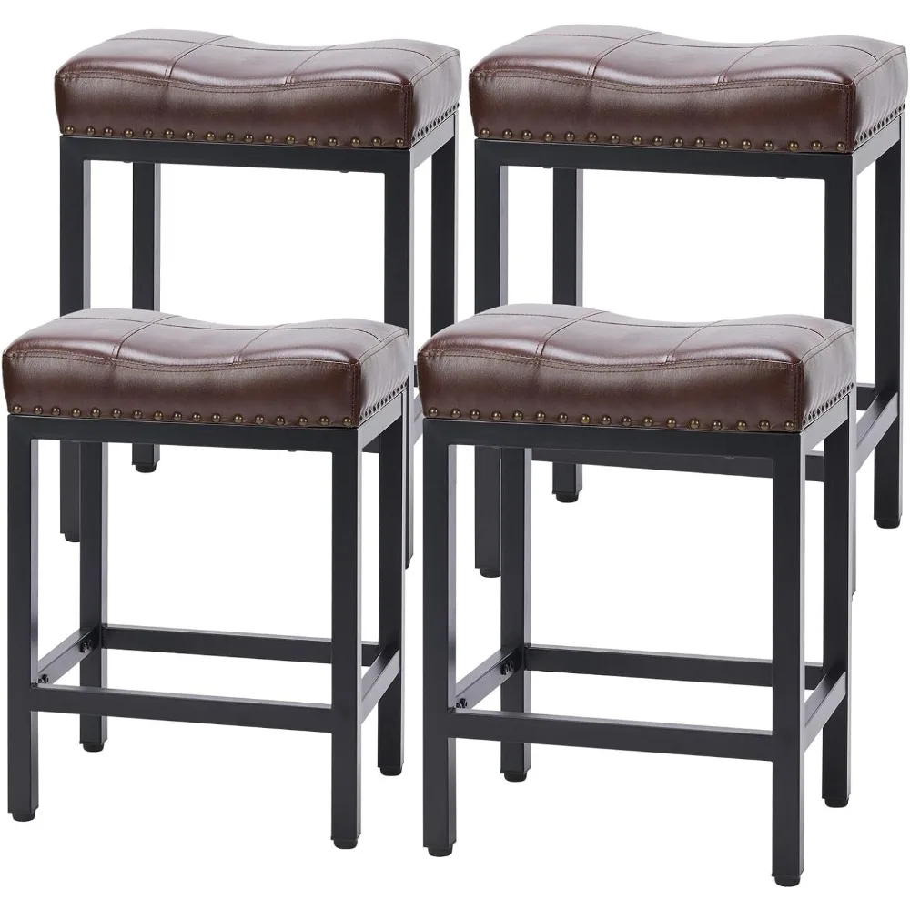 

Bar Stools Set of 4, Counter Height 24 inch Saddle Stools, Modern PU Leather Barstools with Metal Base and Footrest