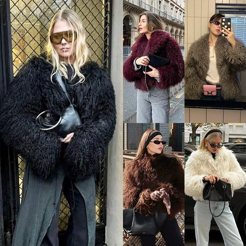 Women Thick Faux Fur Jacket Loose Turn Down Collar Open Stitch Solid Streetwear Full Sleeve Warm Jackets Autumn Winter