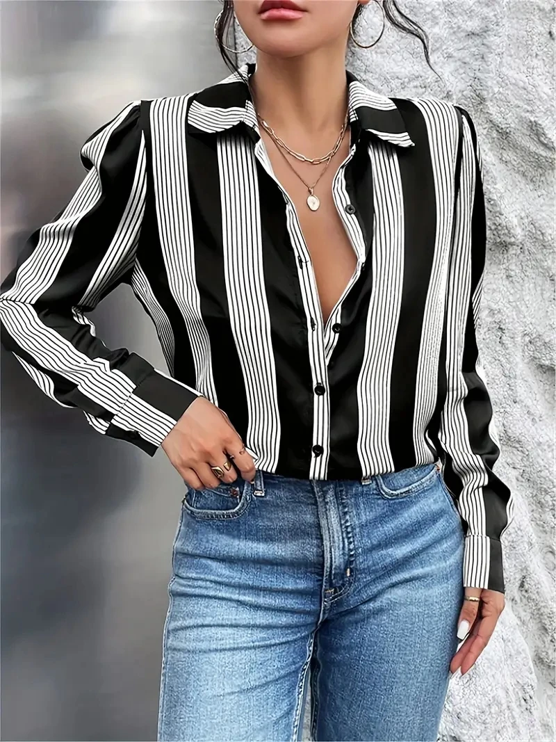 Elegant Women\'s Shirts & Blouses,Black Striped Print Simple Shirt,2024 Spring & Summer Plus Size Female Clothing Blouse Tops