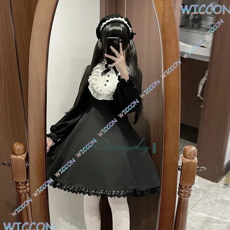 

SAIKOU/Y2k Black Gothic Lolita Dress Retro Style Lace Bow Dress Long Sleeve For Women Elegant Skirt Bow Tie Halloween Party Carn