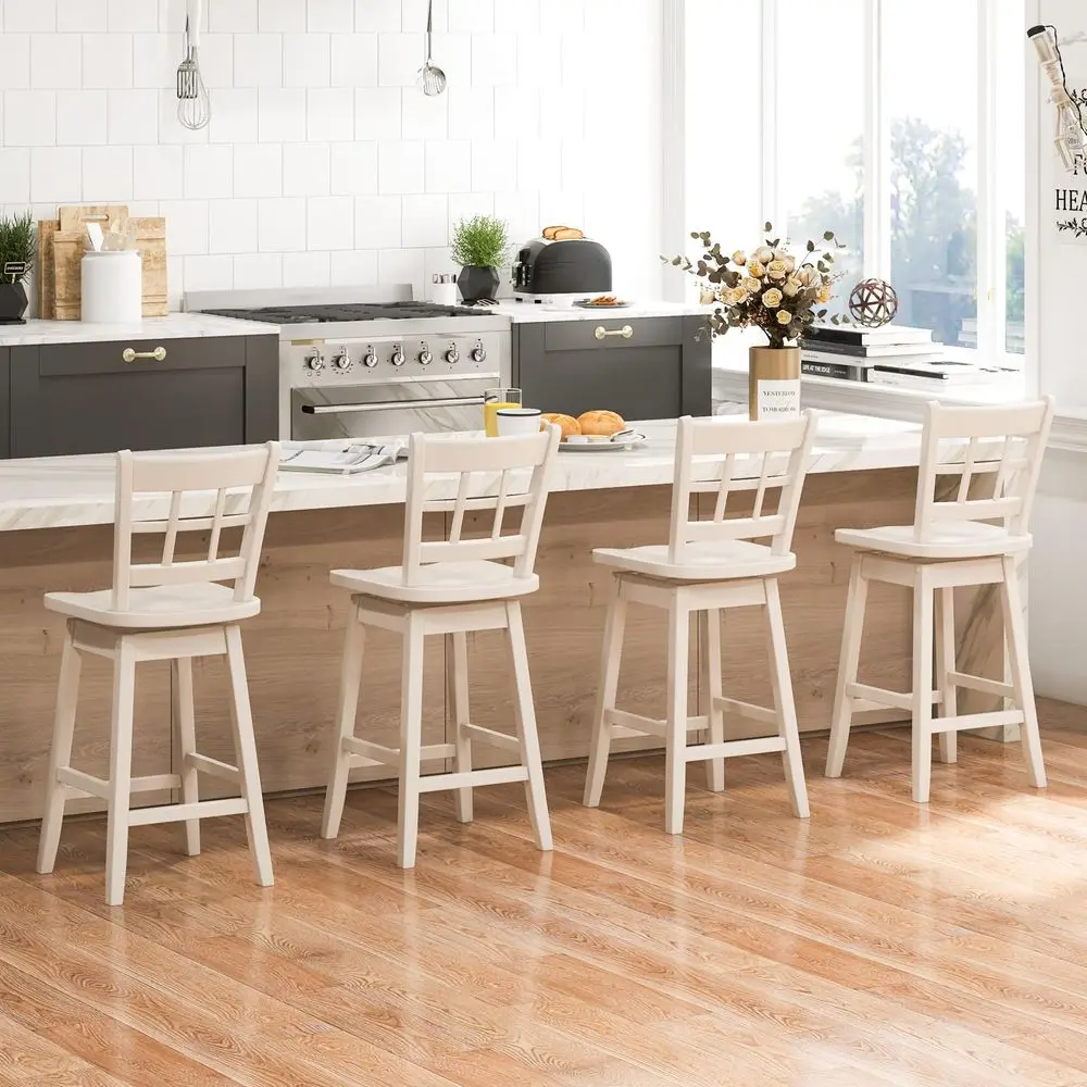 

24.5 Bar Stools Set of 4, Farmhouse Swivel Barstools with 6Grid Hollow Back amp Ergonomic Contoured Seat, Footrest, Wooden Coun