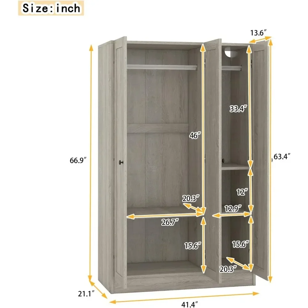 3-Door Large Wardrobe with 2 Storage Drawers, Modern Armoire Free-standing Garment Wooden Closet Storage Cabinet