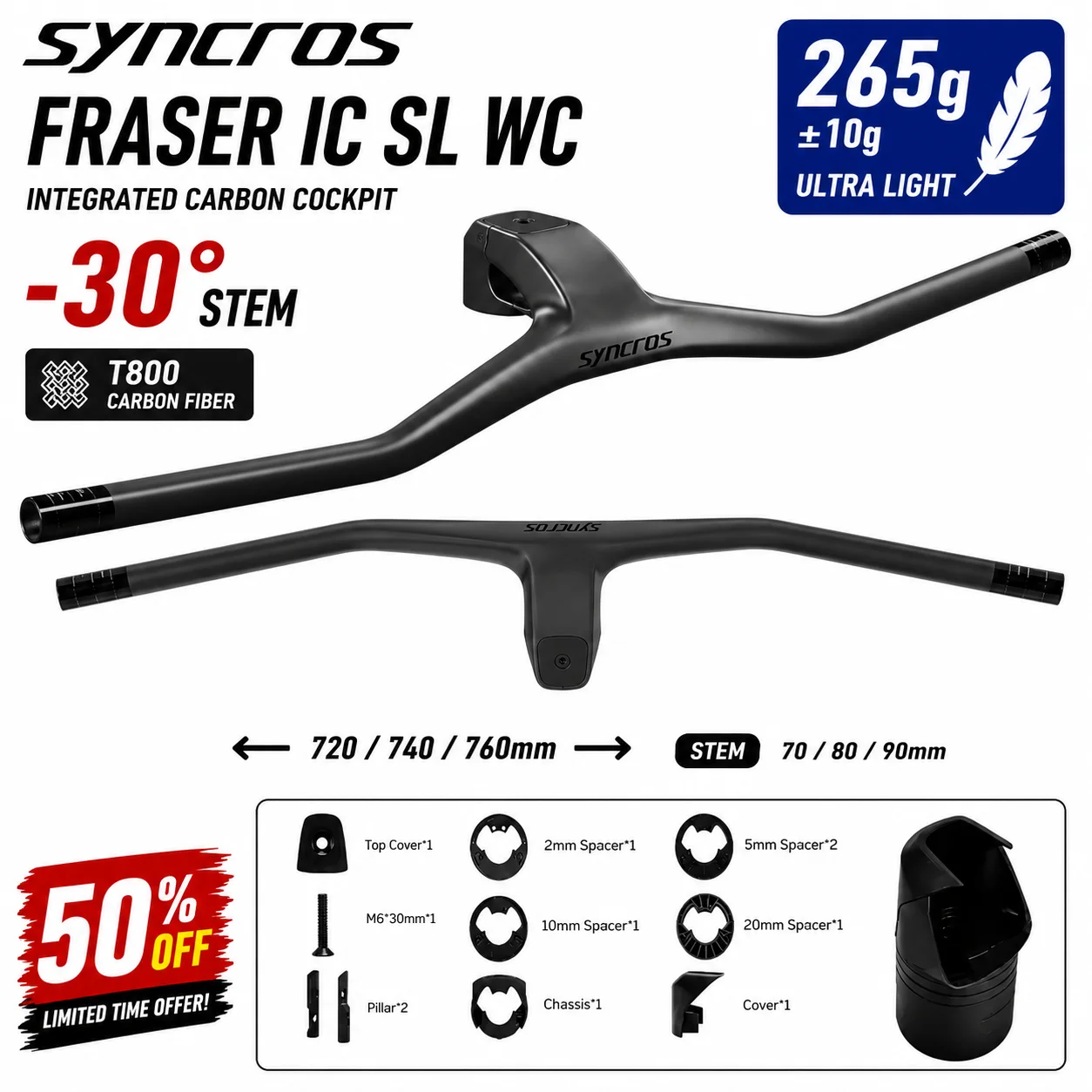 

Syncros FRASER IC SL WC For Sparks Frame -30° 740mm 760mm Carbon Fibre Integrated Cockpit MTB Handlebar With Stem Combo