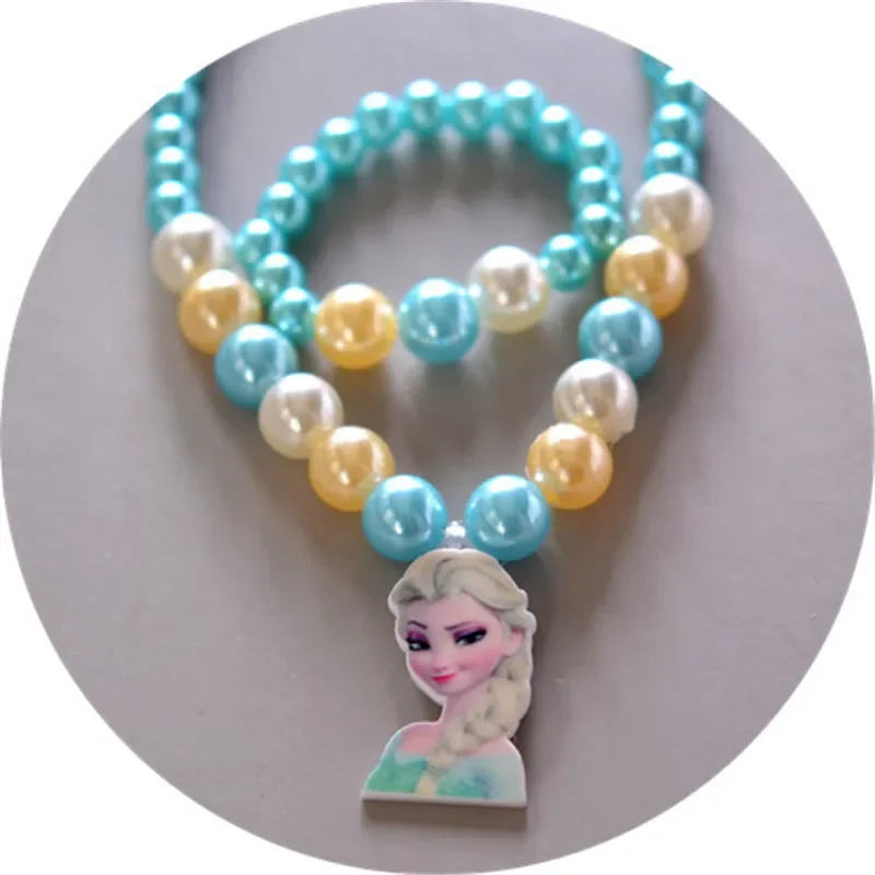 2pcs New Disney Children's Necklace Bracelet Set Frozen Princess Jewelry Pearl Cartoon Two-piece set doll toys