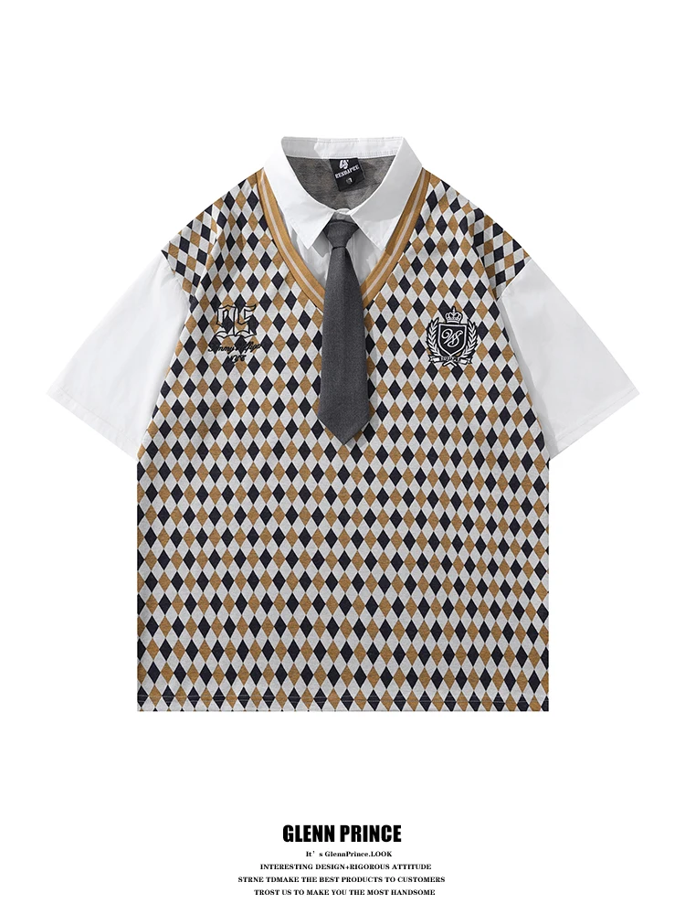 

American Retro Grid Pattern Short Sleeve Shirt Men's Youthful College Style Fake Two-Piece Upper Body Polyester Blend