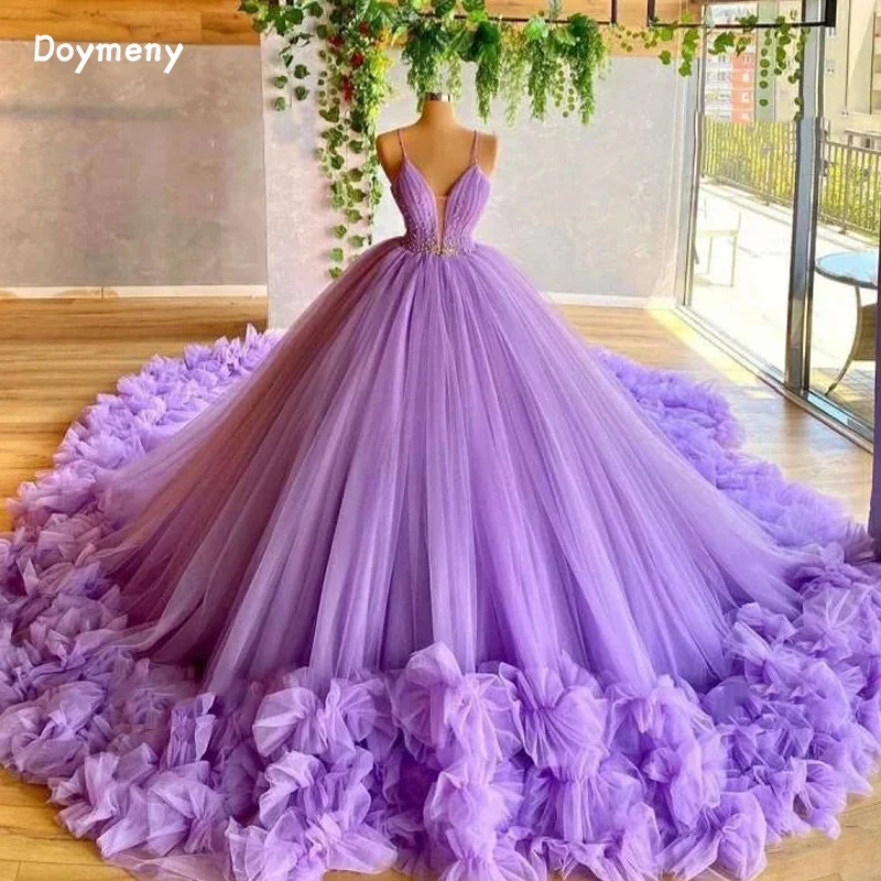 Doymeny-vestido de quinceañera con volantes y tirantes finos, tul de barrido de cristales para dulce 15 vestidos de fiesta