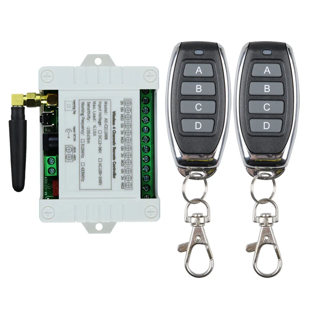 DC 12v-36V 10A Relay 433MHz 4Channel Wireless RF Remote Control Switch Receiver and 4 CH Metal Transmitter