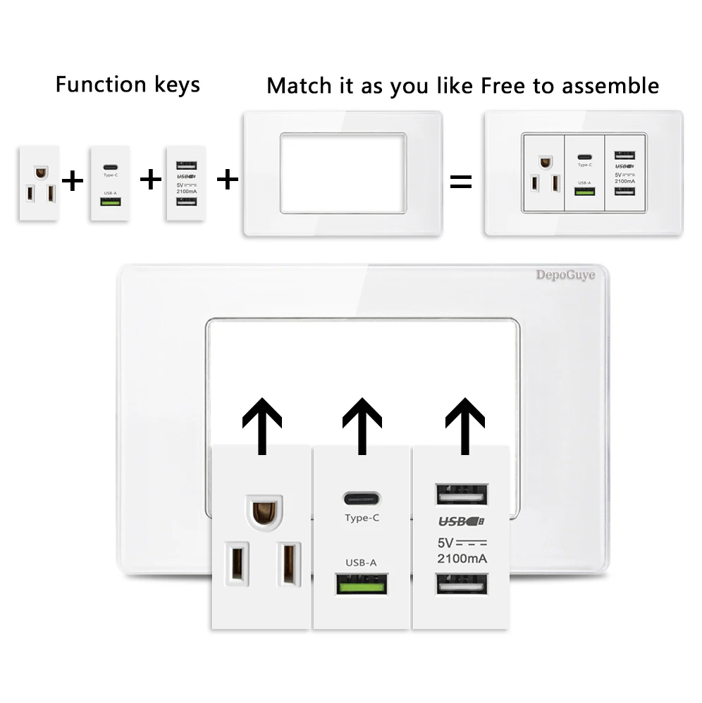 American USB Smart Type-c 20W Quick Charge Wall Power Outlet,Home Light Electrical Switch Panel,Mexico Thai Dual usb Socket Plug