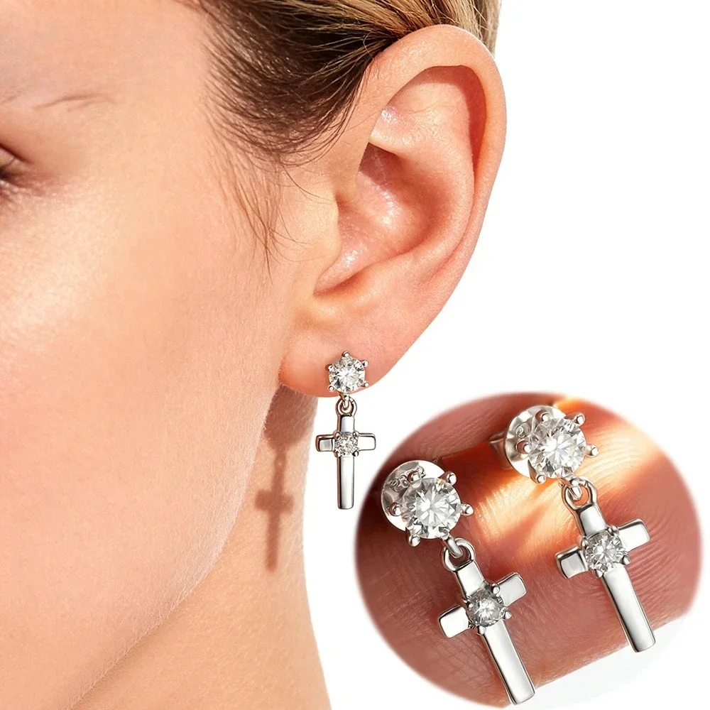 

All D Moissanite Earrings for Women Girl Gift 100% Solid Silver Cross Pendant Earrings Sparkling S925 Jewelry Wholesale