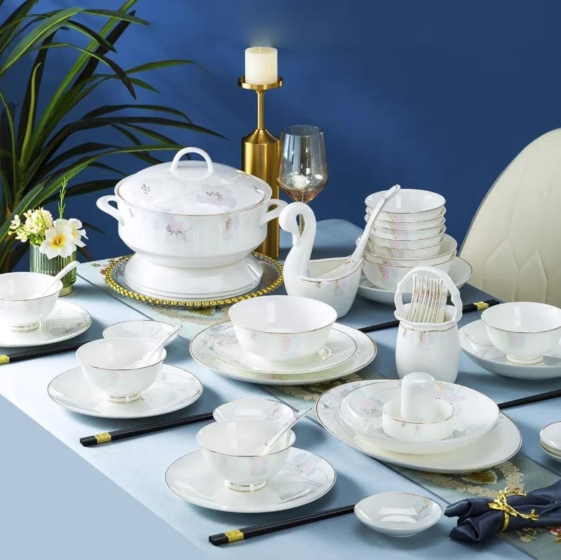 European and American High-end Bone China Bowls Plates Chopsticks Wedding Gifts Gold Edged Ceramic Tableware Set