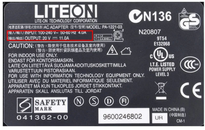 Genuine Liteon PA-1121-03 20V 11A 220W Laptop Charger AC Adater for SAGER NP9890 NP9750 NP9860 NP9880 NP9800 NP9820 Power Supply