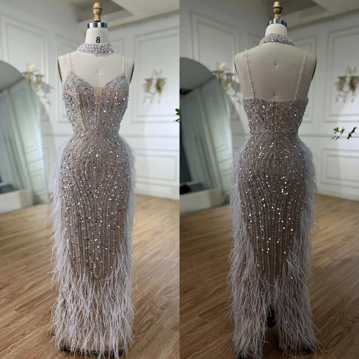 SERENE HILL White Nude Mermaid Spaghetti Strap Beaded Feather Exquisite Evening Dresses Prom Gown Customized 2025 Party GLA72047