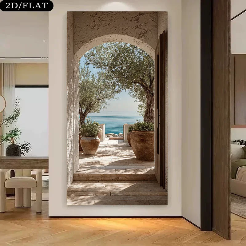2D Flat Large Frameless Modern Home Wall Decoration, Olive Trees and Ocean Canvas Art Prints for Living Rooms and Bedrooms De