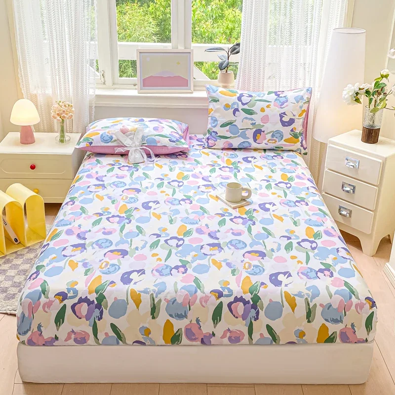 Cotton Fitted Sheet Single Double Queen Size Printed Mattress Cover with Elastic Band Bedsheet Soft Comfortable Fitsheet