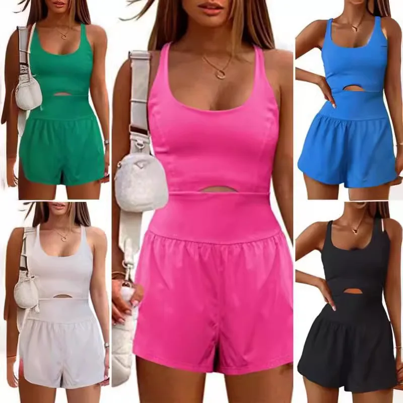 Cutout Cross Yoga Shorts Set Women's Loose Sportswear Bodysuit