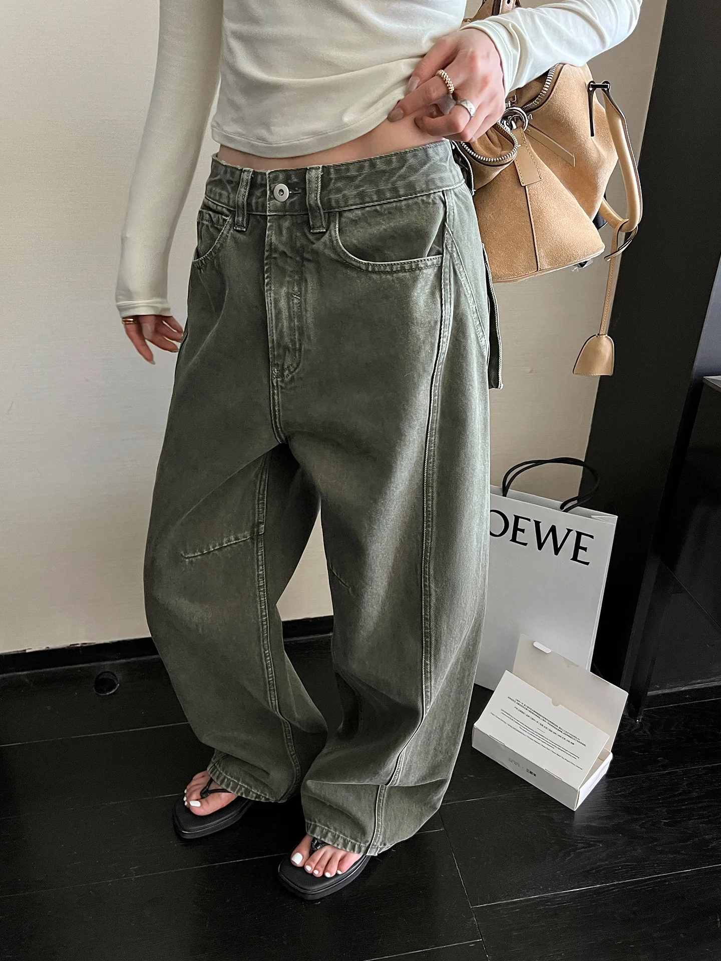 

Washed High Waist Straight Leg Jeans American Style Casual Greenery High Waist Knife Denim Pants Women's Cotton Jeans