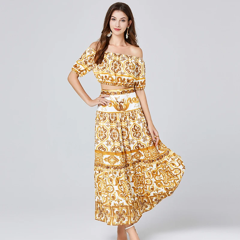 

Runway Yellow Blue And White Porcelain Two-piece Set Women Summer Sexy Crop Tops A Line Maxi Long Skirts Suits Beach Outfits