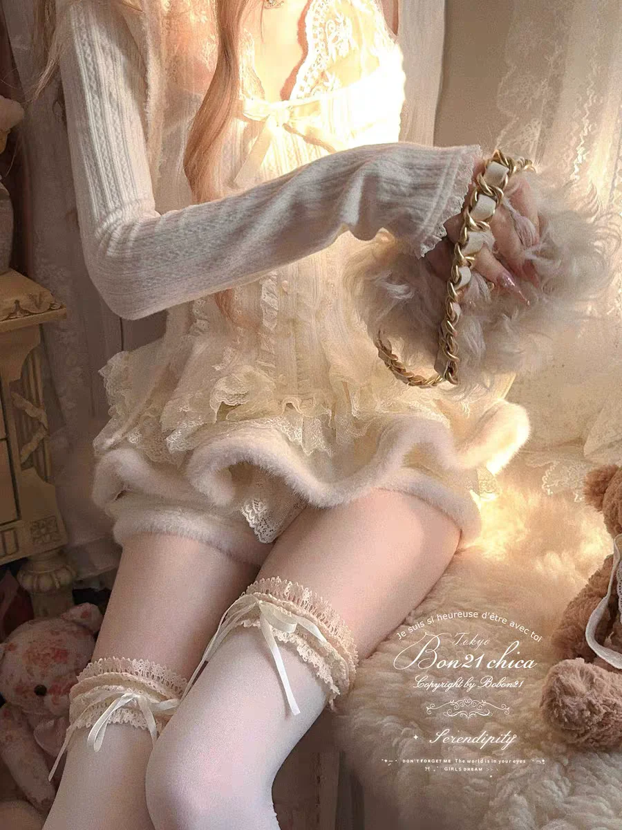 

Сладкая юбка принцессы в стиле Лолиты Bobon21 Симпатичная плюшевая шерстяная юбка с кружевом и бантом, брюки B2434