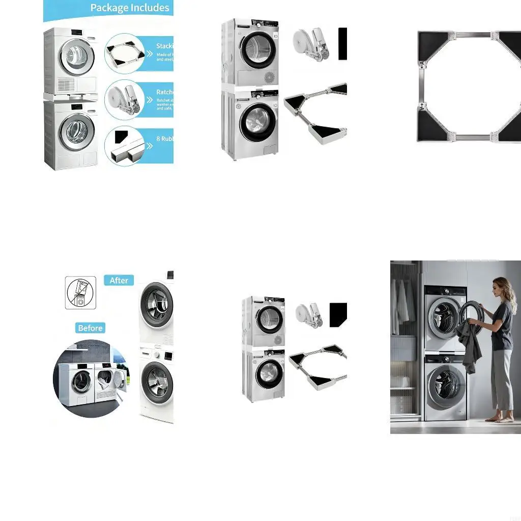 J1HF Laundry Room Washer Dryer Stacking Frame, Adjustable 42-69 Metal Bracket with Corner Contact Pads for Front-Load Machine