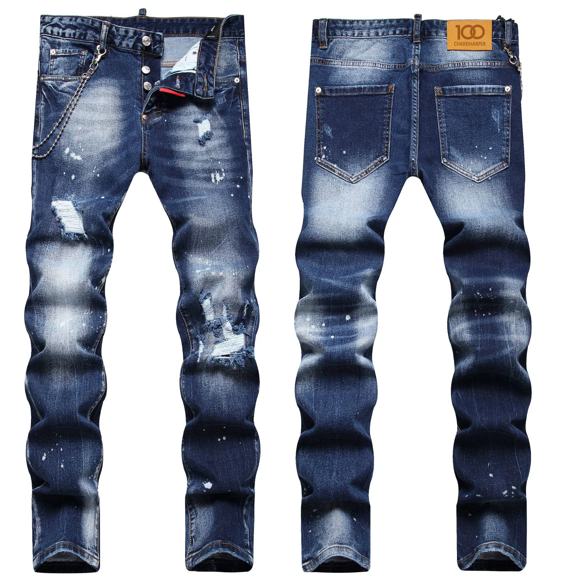 

chareiharper plus size 1803 Men's ripped jeans fashion hanging applique cloth slim feet mid-waist pants tide