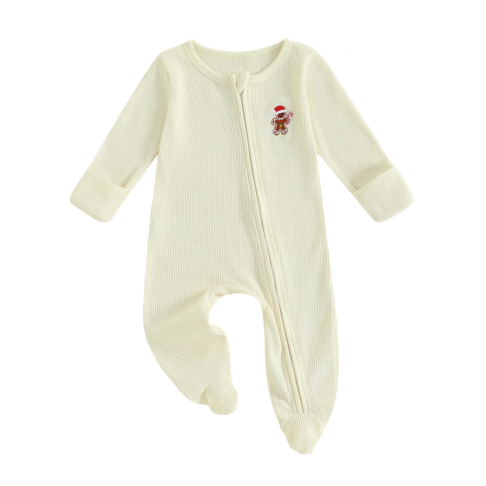 

Newborn Baby Christmas Footed Romper Gingerbread Man Embroidery Long Sleeve Zip Jumpsuit for Boys and Girls