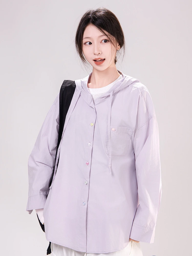 

Loose Long Sleeve Embroidered Hooded Shirt Women's Casual Cotton Spring Outerwear Art Wild Style College Trend Purple