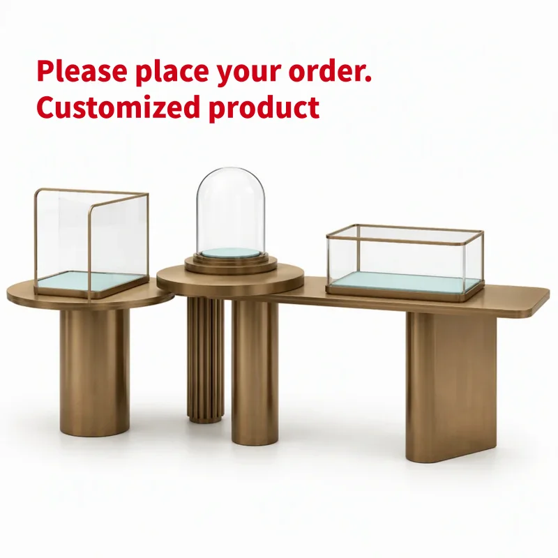 custom.Custom Blue-Tone Jewelry Store Display Fixture Set with Counters, Glass Domes and LED Lighting