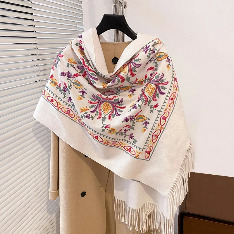 

Winter Warm Cashmere Scarf for Women Floral Embroidery Pashmina Blanket Thick Shawl Wrap Neckerchief Elegant Poncho Bufanda