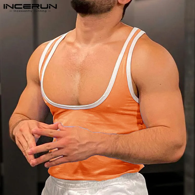 INCERUN Tops 2024 American Style New Mens Contrasting Color Patchwork Large Tank Tops Casual Comfortable Male U-neck Vests S-5XL