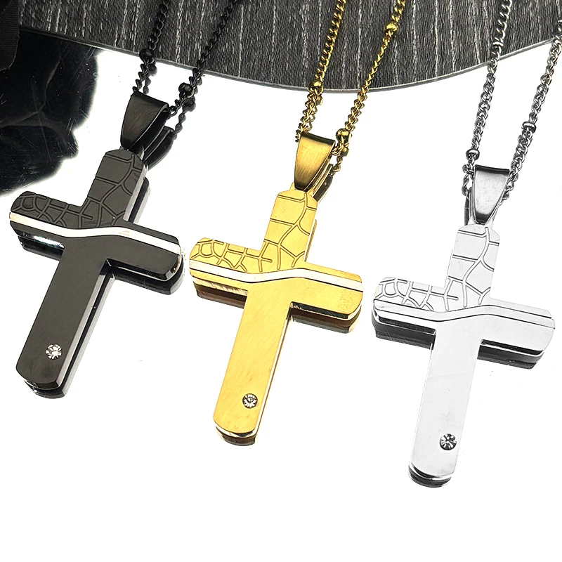

Rhinestone Texture Cross Pendant Necklace for Men Women Stainless Steel Gold Color Christian Religous Chain Amulet Jewelry Gift