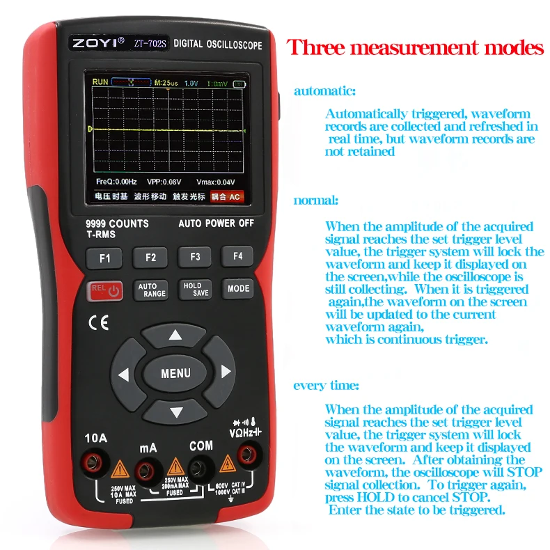 ZOYI ZT-702S 2 in 1 Handheld Digital Automotive Oscilloscope Multimeter, Single Channel 10MHZ Bandwidth,64Kbyte Record Length,48